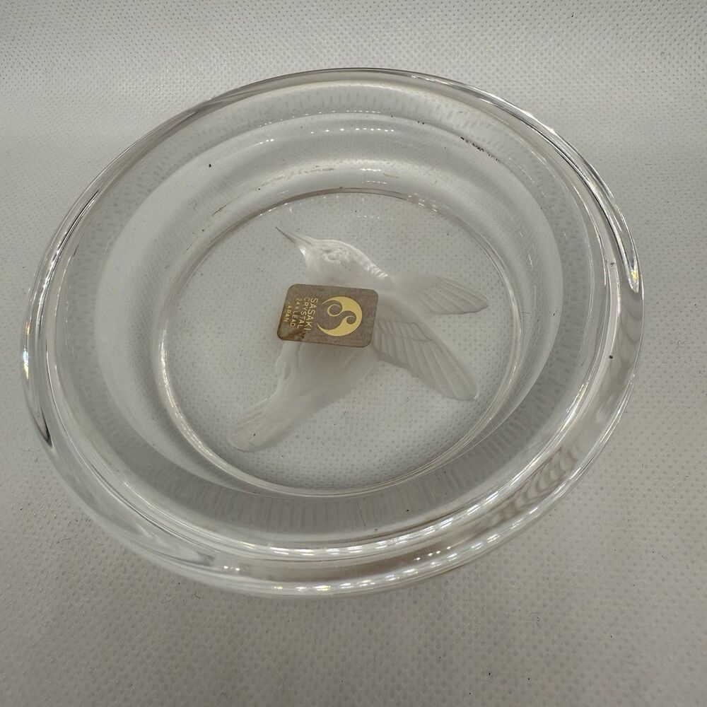 Sasaki Crystal Glass Hummingbird Bird Japan 4” Trinket Dish